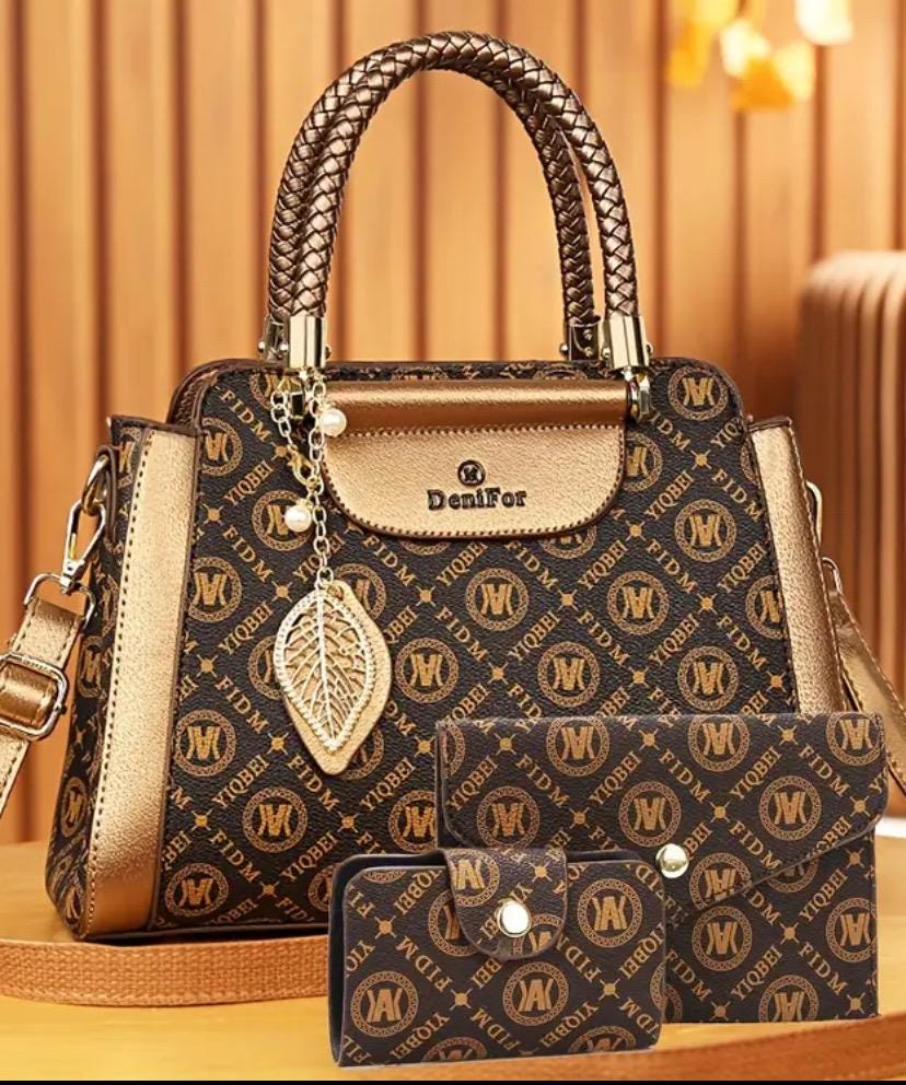 Geometric Print Women's Bag Set: Golden Faux Leather 3-Piece
