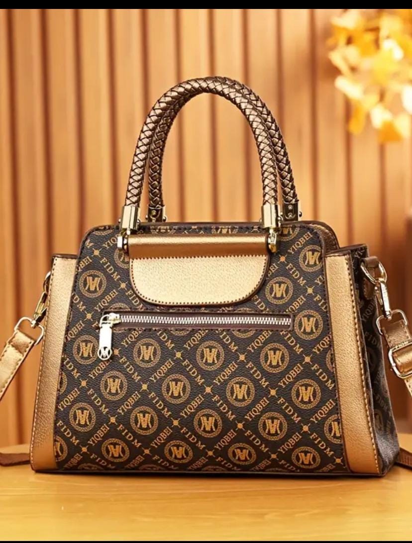 Geometric Print Women's Bag Set: Golden Faux Leather 3-Piece